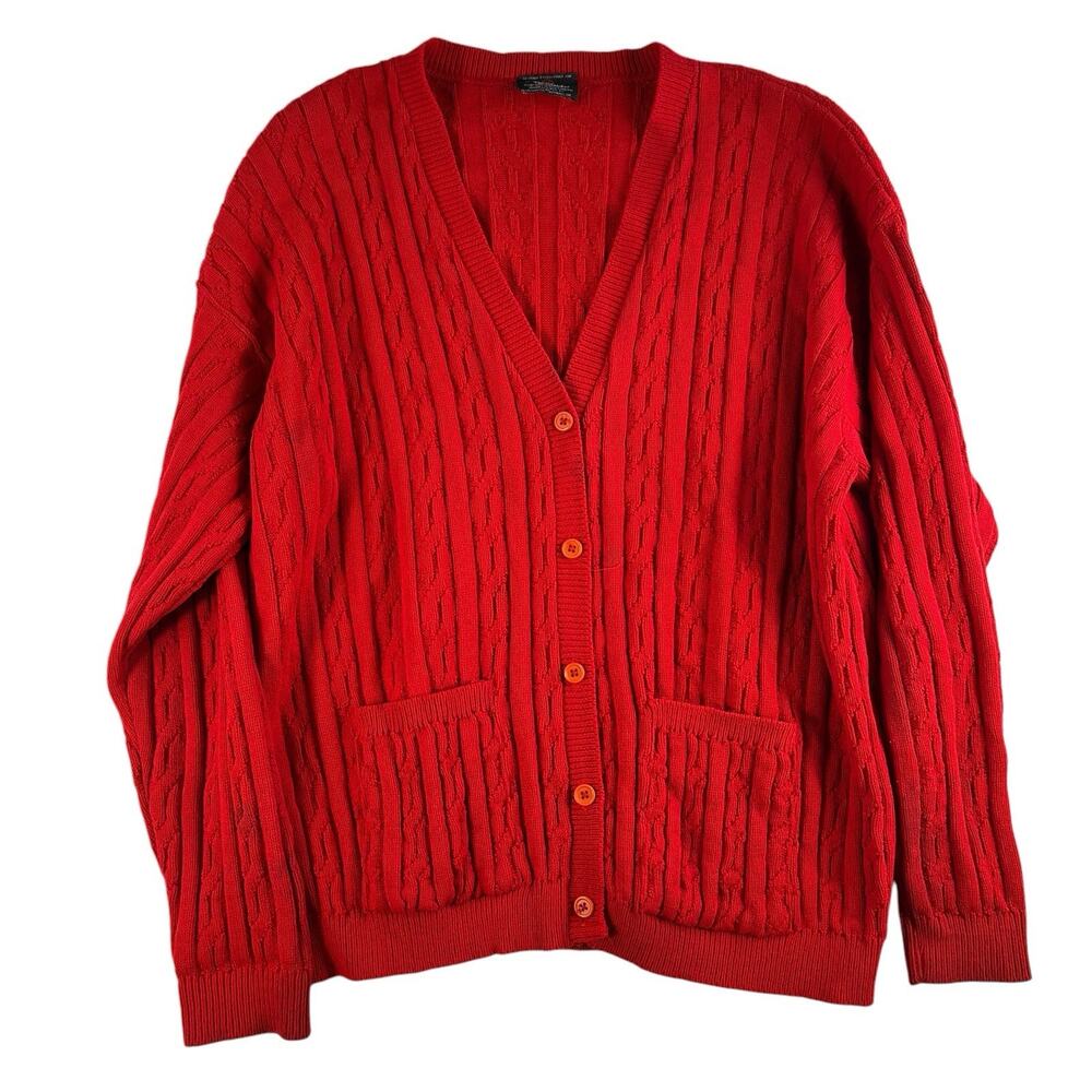 Vtg L Disney Image Maker Cardigan Sweater Chunky Cable Knit Red Walt Disney Co